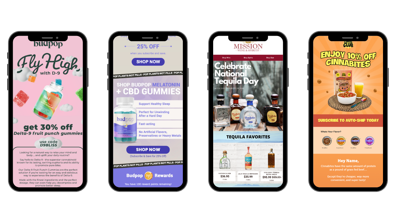 Four mobile phones showing email campaigns for BudPop, Mission Liquor, and Cereal Club