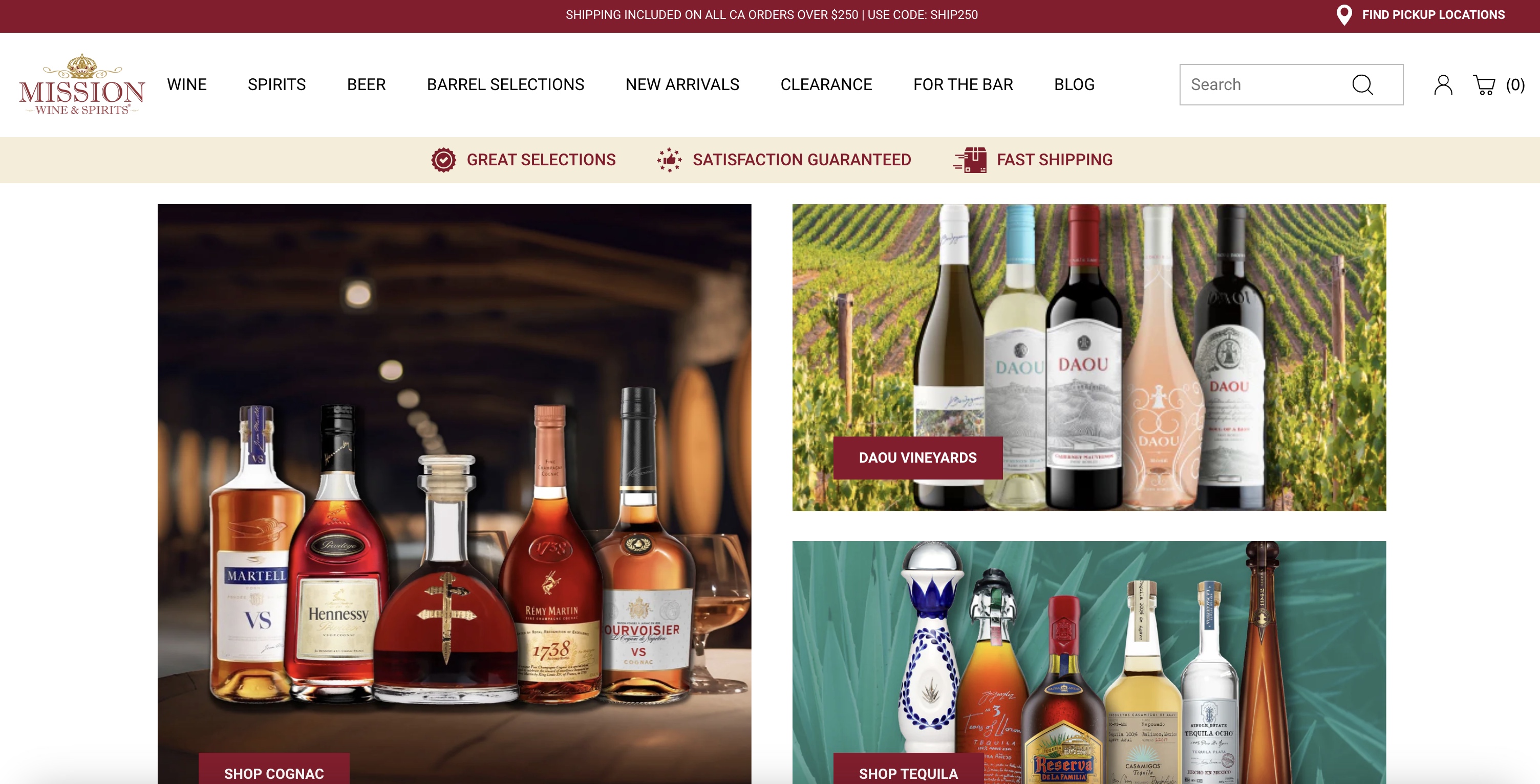 Mission Liquor website showing spirits and wine collections